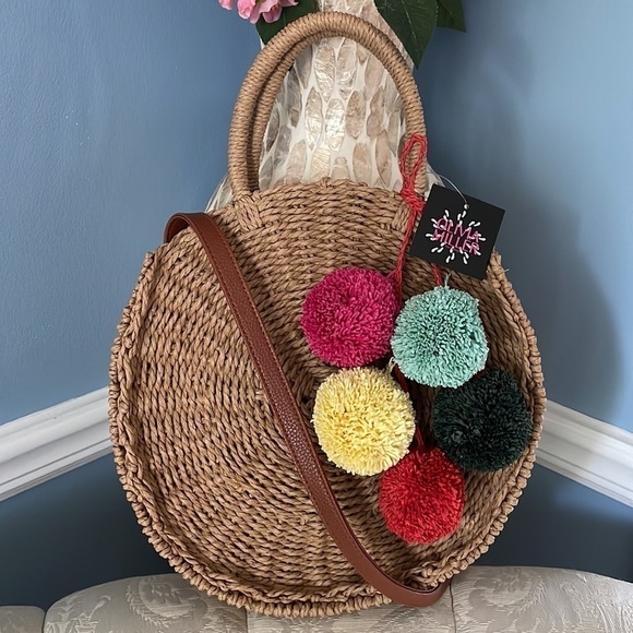 Brand New Olivia Miller Round Straw Multi Color Pom Pom Handbag Crossbody Purse - Picture 1 of 12